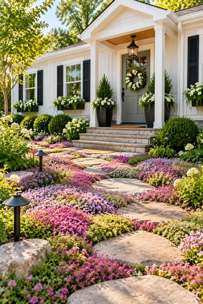 Creeping thyme ground cover growing in place of a lawn – grass-free front yard idea