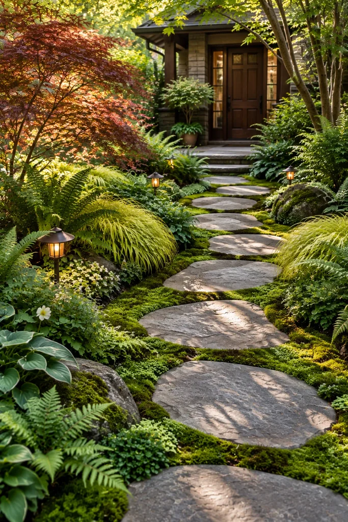 Stepping stones set in soft green moss – grass-free front yard idea
