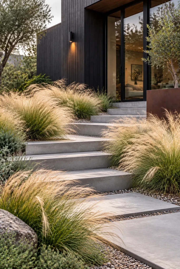 Wispy feather grass softening a modern home – ornamental grasses in landscaping
