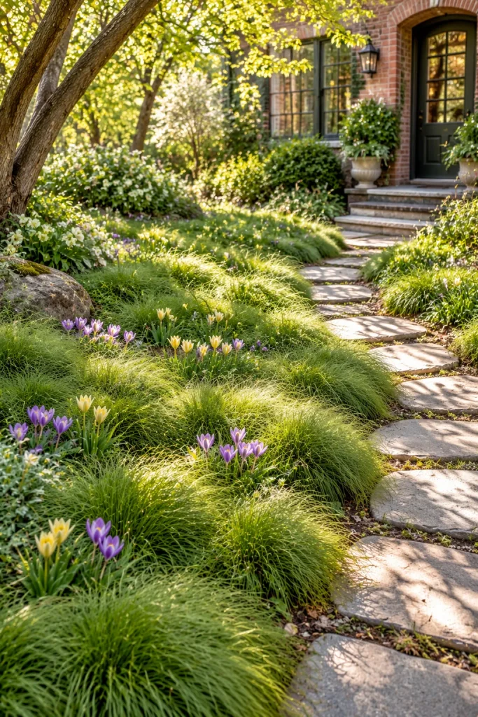 Soft sedge meadow replacing part of a lawn – ornamental grasses in landscaping