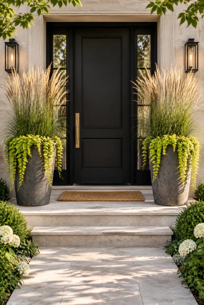 Tall grasses in oversized planters by the front door – ornamental grasses in landscaping