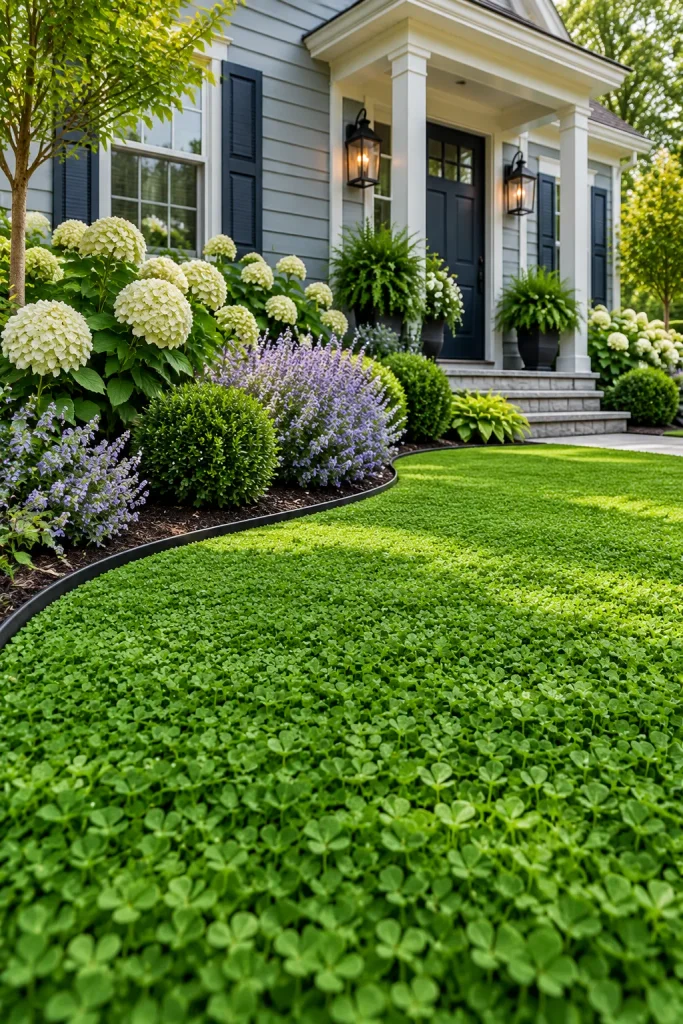 Micro clover lawn that stays green with far less mowing – grass-free front yard idea