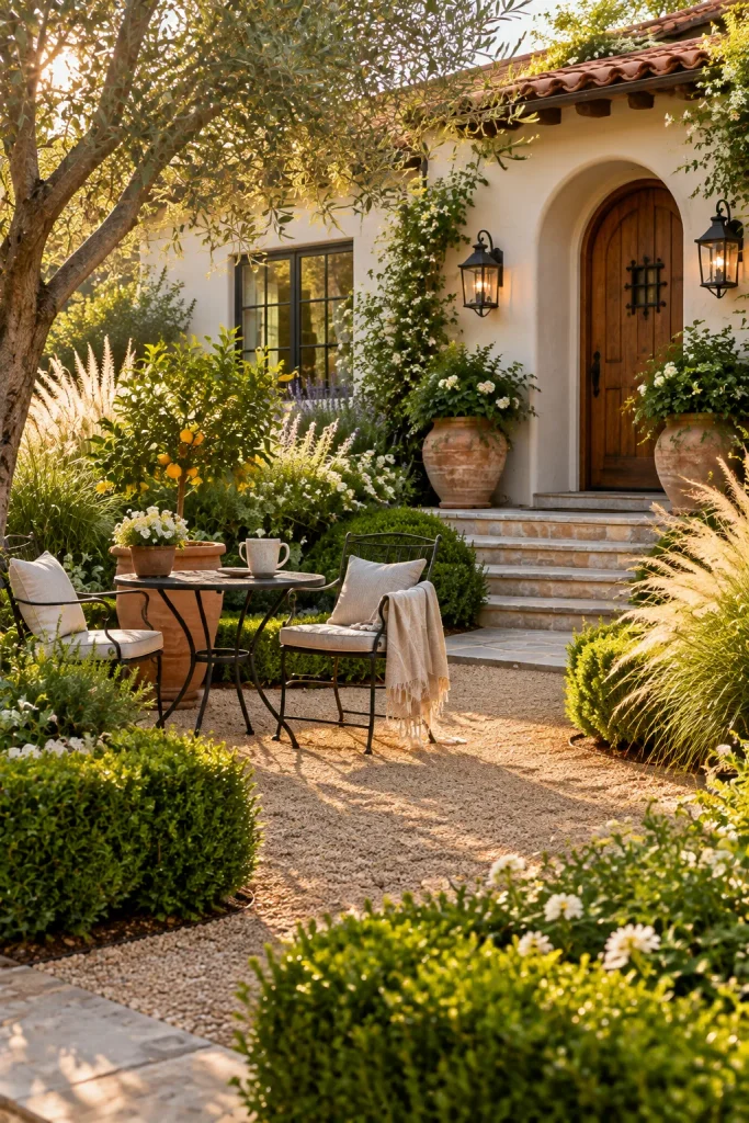 Front yard turned into a courtyard with seating – grass-free front yard idea