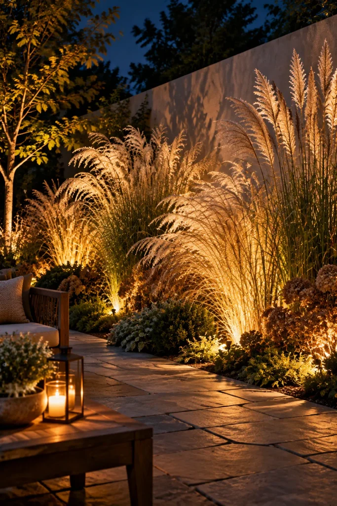 Ornamental grasses uplit at night – ornamental grasses in landscaping