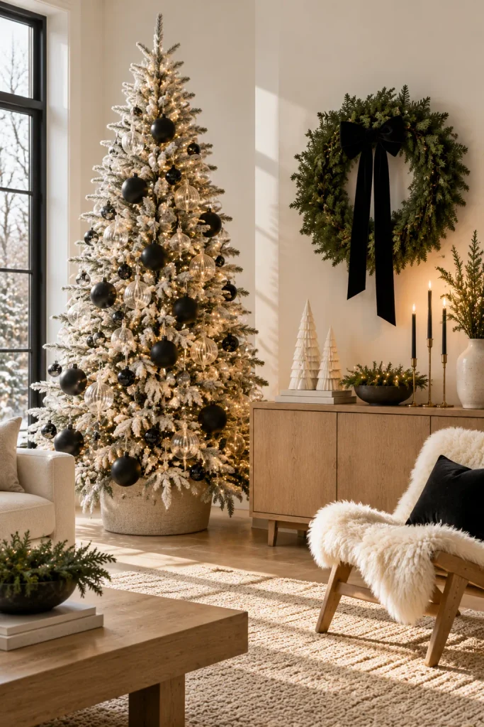 Classy Christmas decor idea: a black and white christmas with warm wood