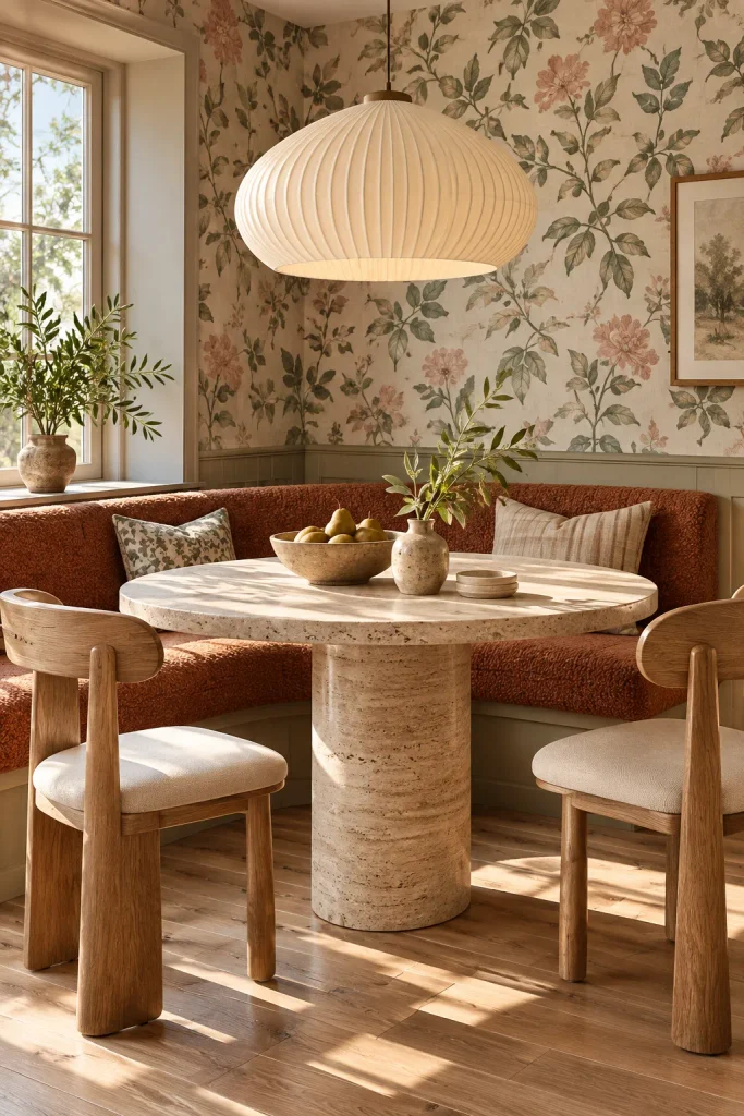 Earthy cottage home idea: a botanical breakfast nook with a curved banquette