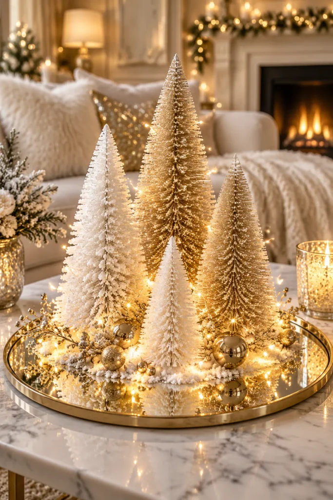 DIY Christmas centerpiece idea: a bottle brush tree forest on a mirrored tray