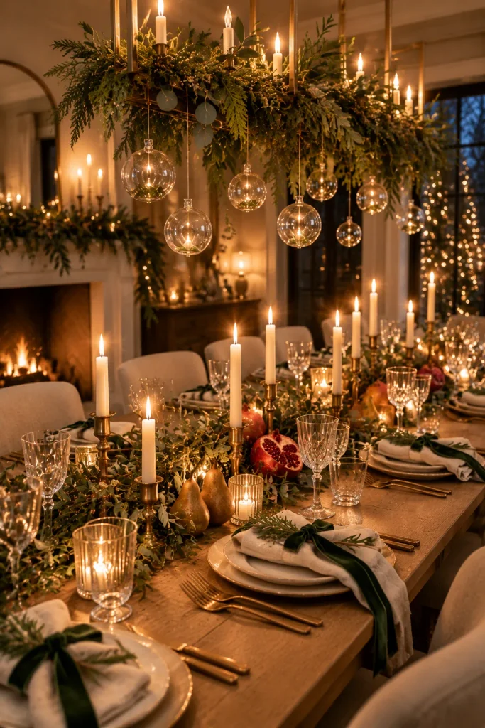 Classy Christmas decor idea: a candlelit dining table under a dressed chandelier