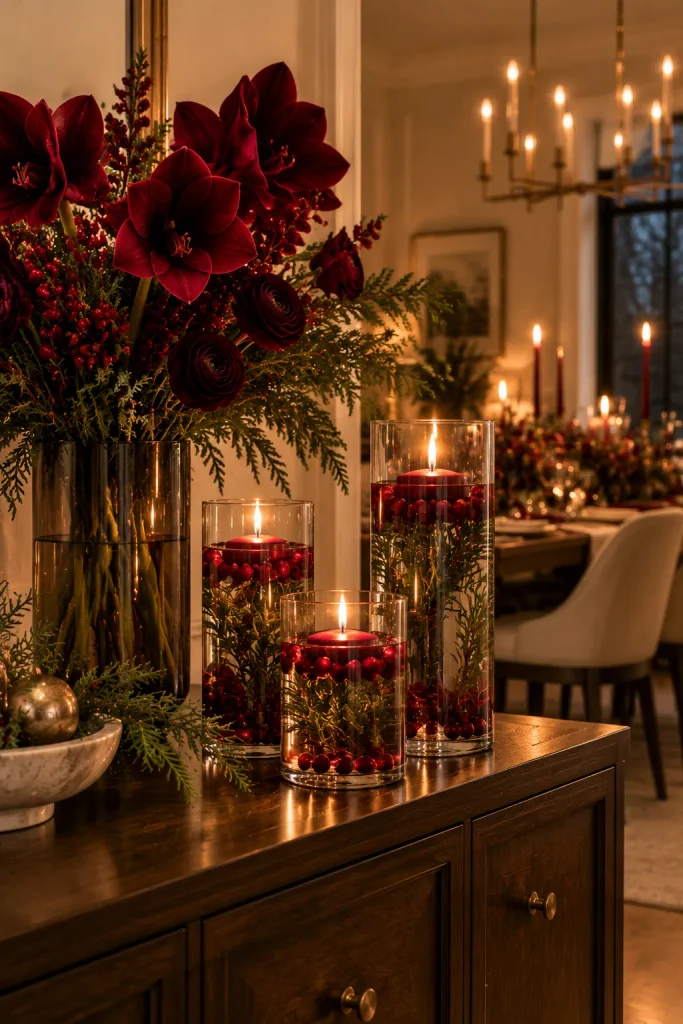 Burgundy Christmas decoration idea: a candlelit sideboard with floating cranberries