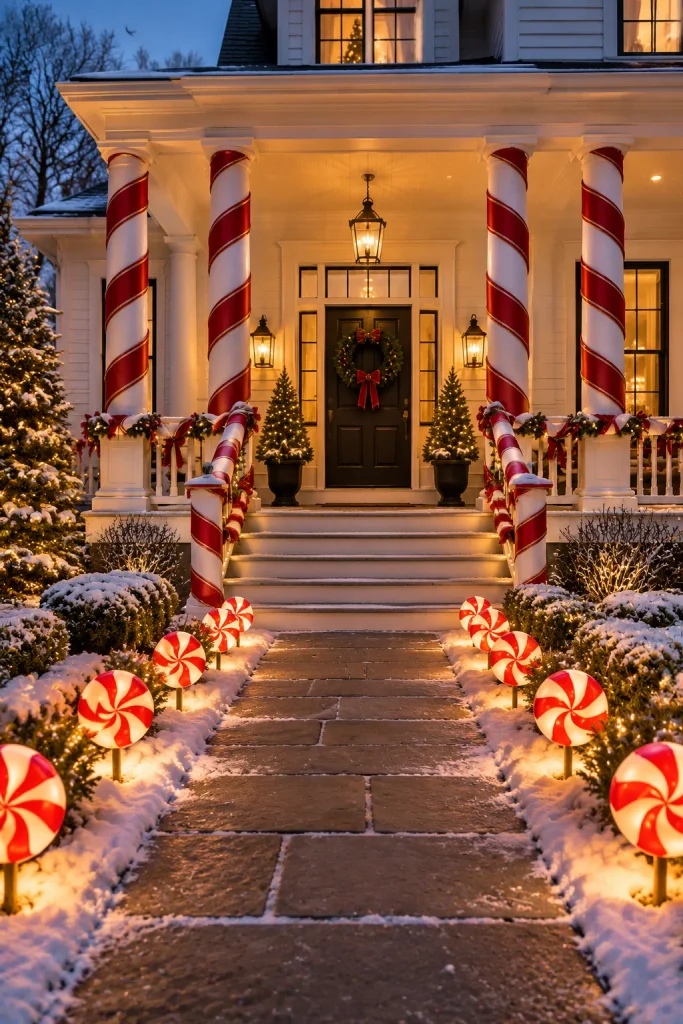 Outdoor Christmas decoration idea: a candy cane porch