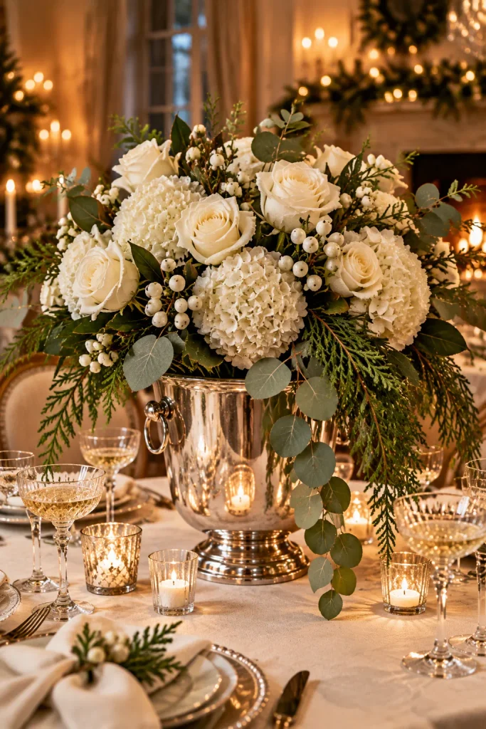 DIY Christmas centerpiece idea: a champagne bucket overflowing with winter florals