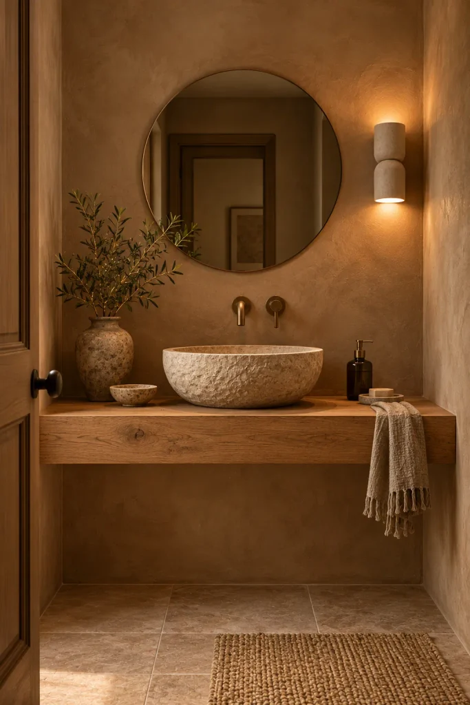 Earthy cottage home idea: a clay plaster powder room