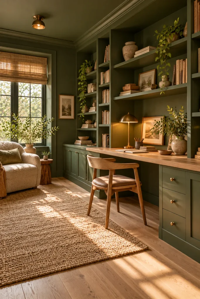 Earthy cottage home idea: a color drenched moss study