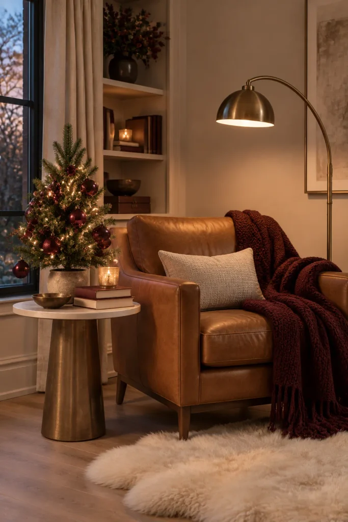 Burgundy Christmas decoration idea: a cozy christmas reading nook