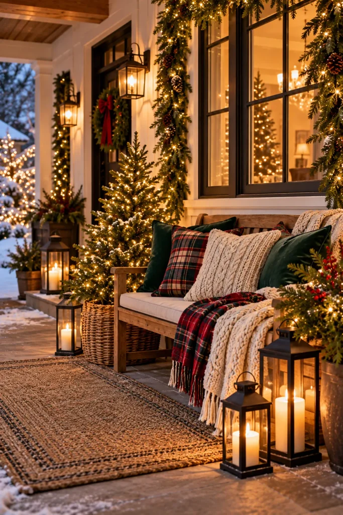 Outdoor Christmas decoration idea: a cozy holiday porch lounge