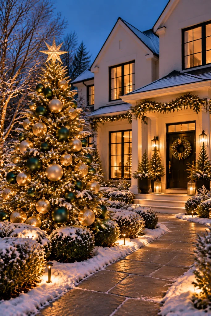 Outdoor Christmas decoration idea: a decorated tree in the front yard