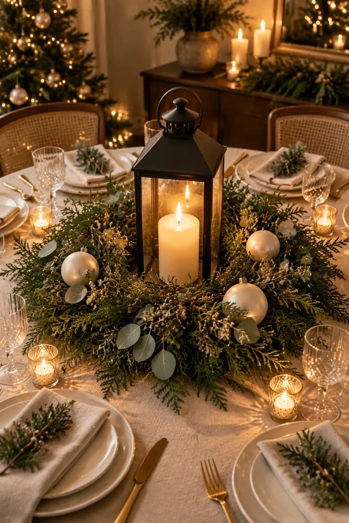 DIY Christmas centerpiece idea: a flat wreath around a tall lantern 1