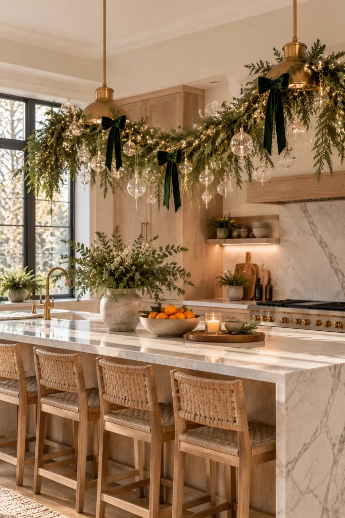 Classy Christmas decor idea: a floating garland above the kitchen island