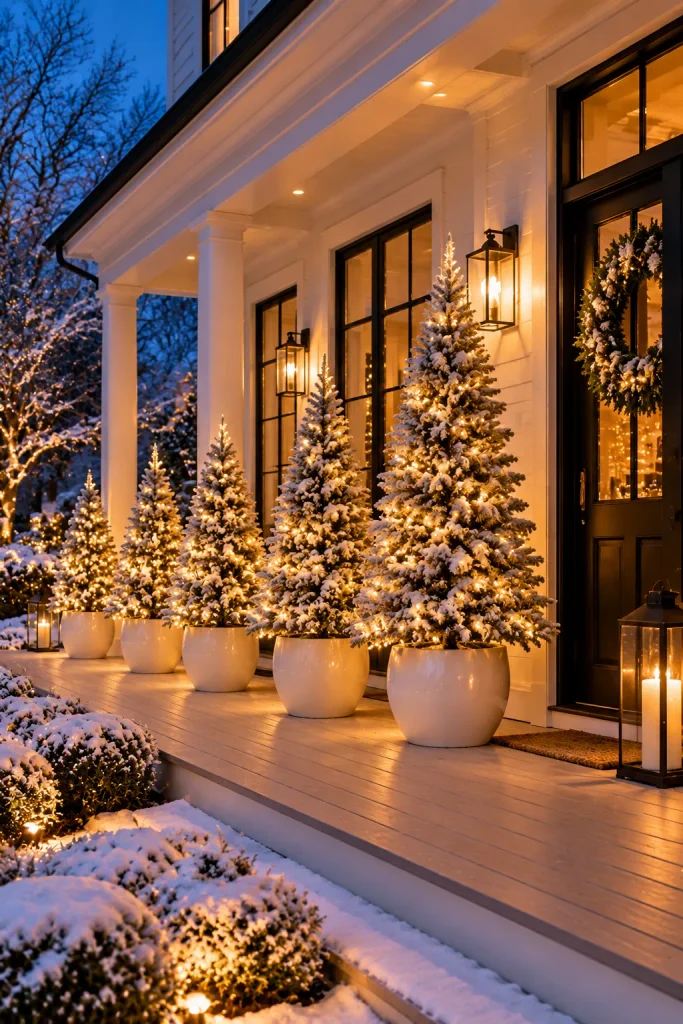 Outdoor Christmas decoration idea: a flocked forest along the porch