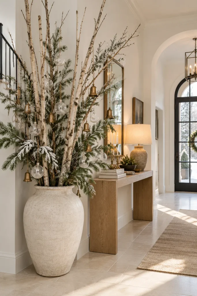 Classy Christmas decor idea: a foyer statement of tall winter branches