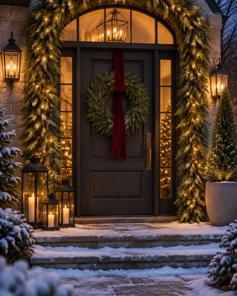 Classy Christmas decor idea: a front door framed in a garland arch