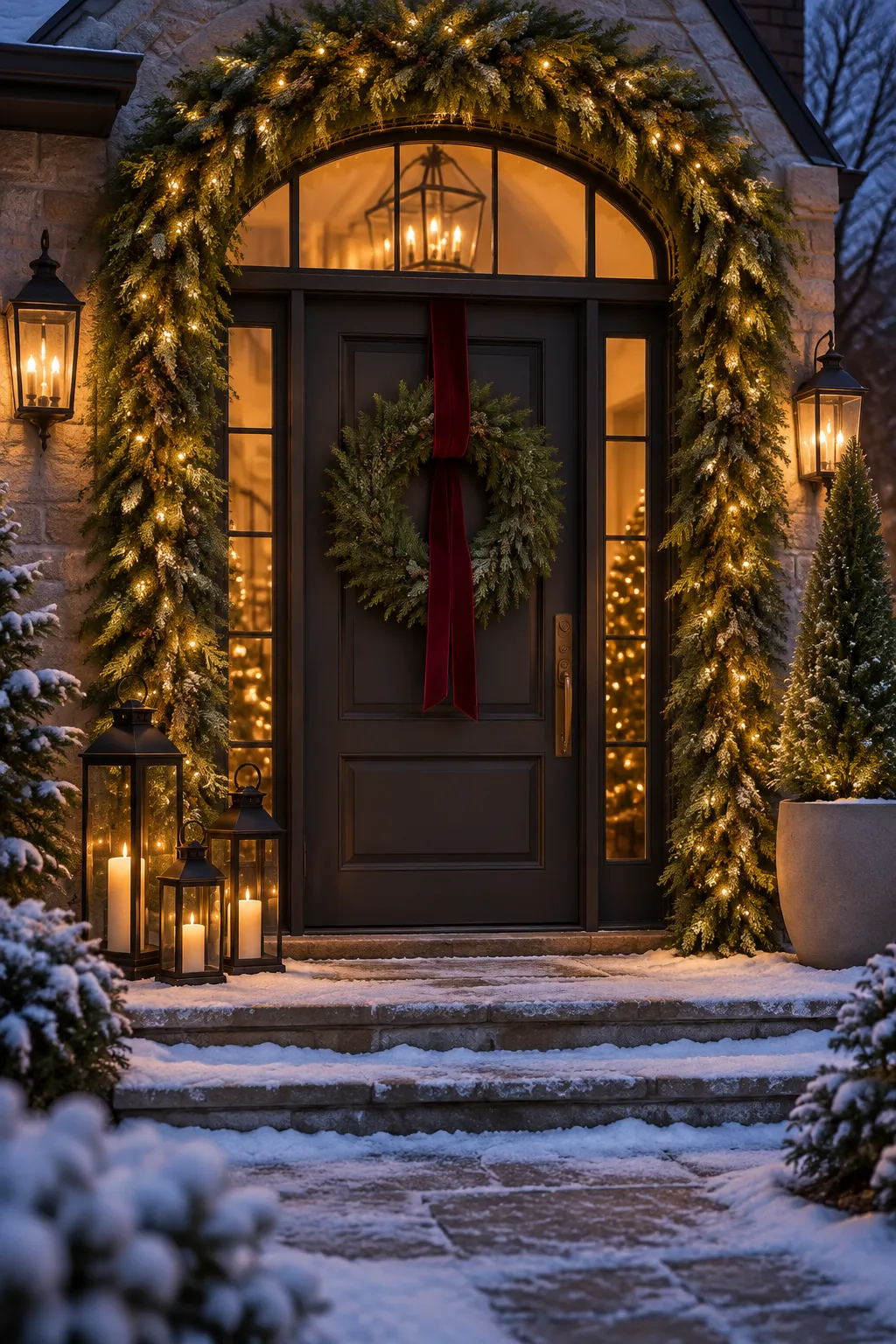 Classy Christmas decor idea: a front door framed in a garland arch