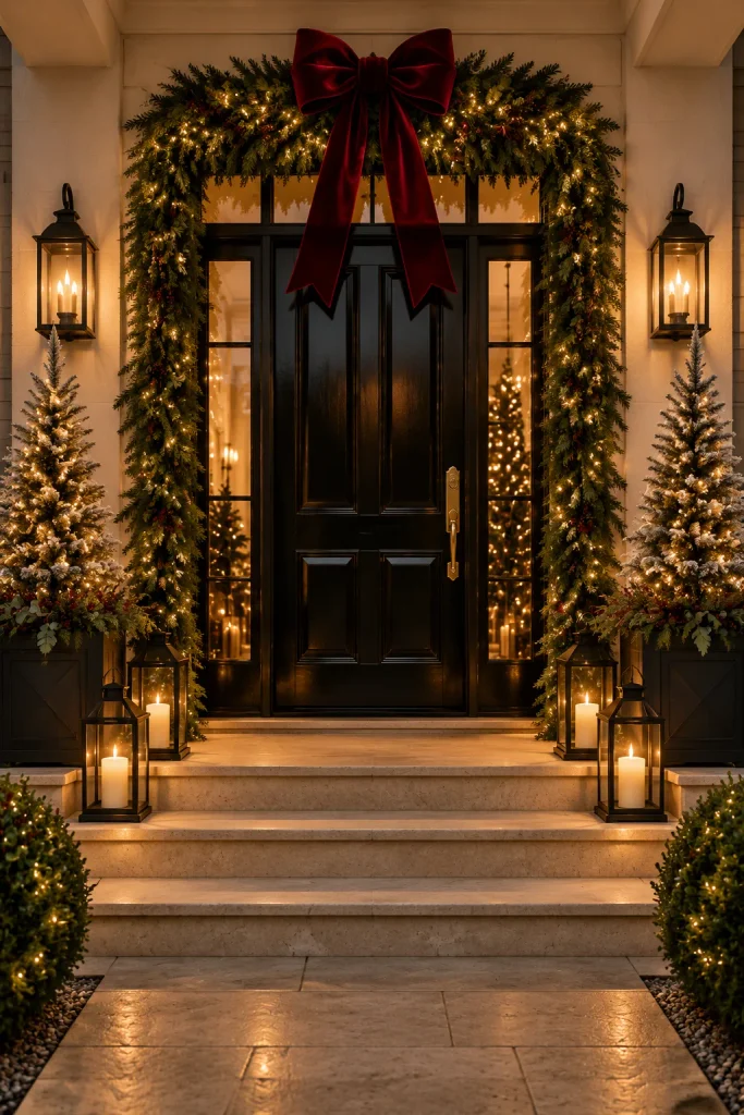 Burgundy Christmas decoration idea: a garland framed front door with glowing lanterns