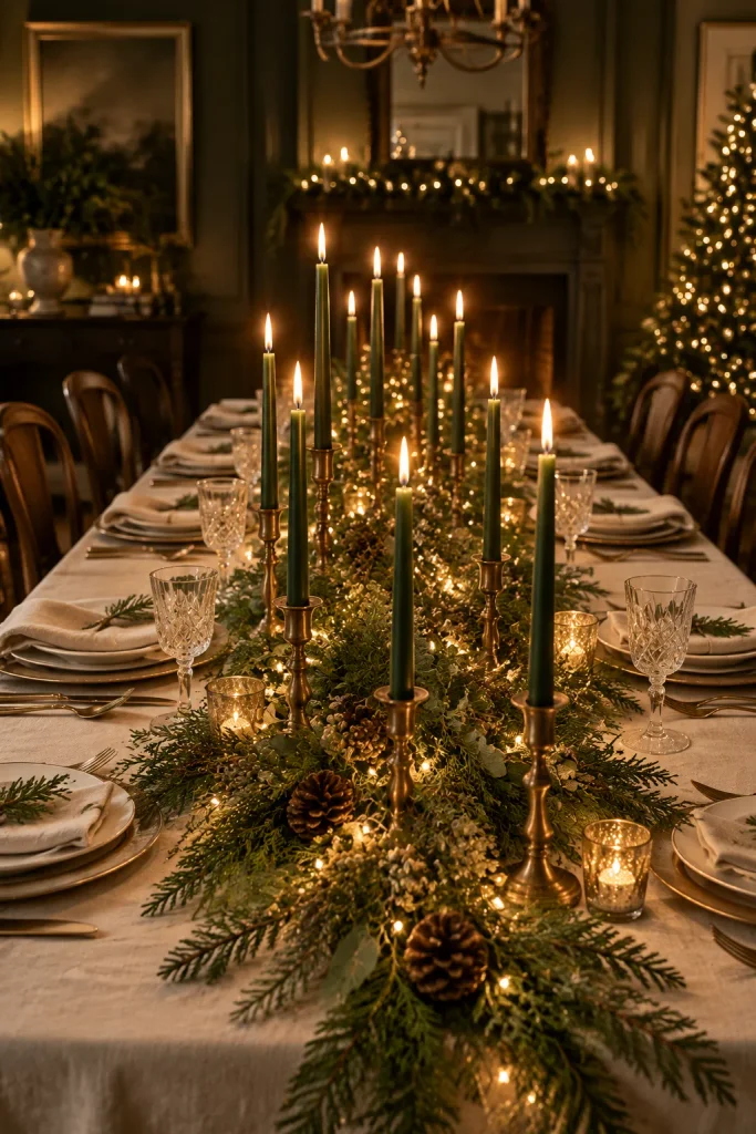 DIY Christmas centerpiece idea: a garland runner with mismatched brass candlesticks
