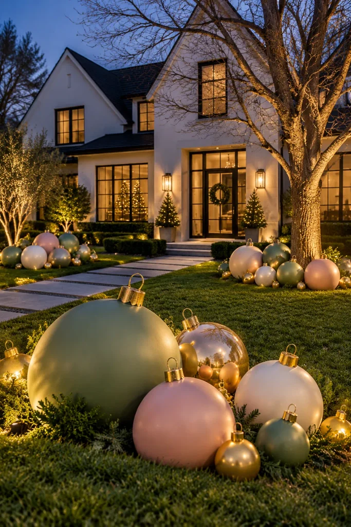 Outdoor Christmas decoration idea: a giant ornament garden on the lawn