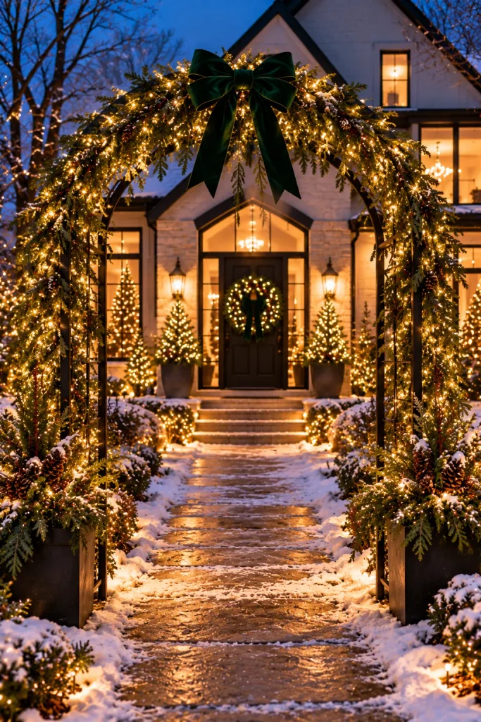 Outdoor Christmas decoration idea: a glowing greenery arch