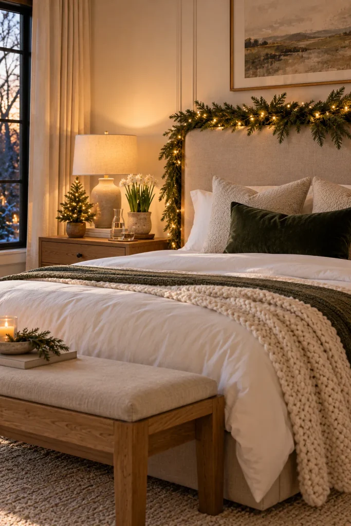 Classy Christmas decor idea: a guest bedroom that feels like a boutique hotel