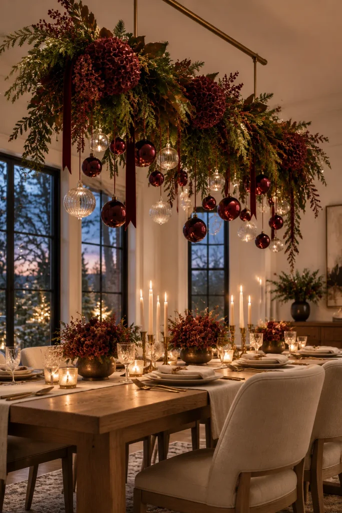 Burgundy Christmas decoration idea: a hanging greenery installation above the dining table