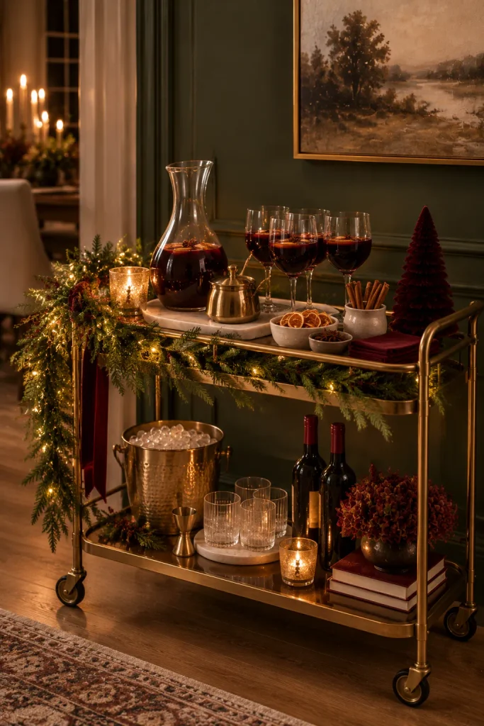 Burgundy Christmas decoration idea: a holiday bar corner in wine tones