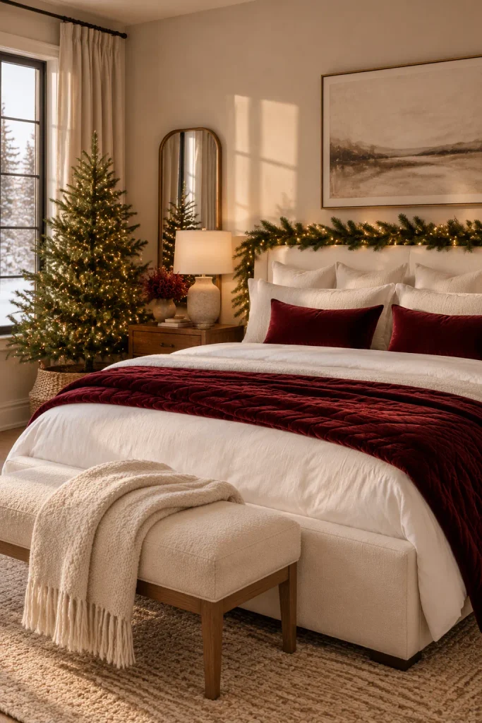 Burgundy Christmas decoration idea: a hotel style christmas bedroom