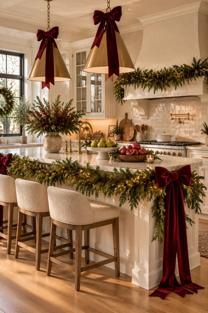 Burgundy Christmas decoration idea: a kitchen island wrapped in garland and bows