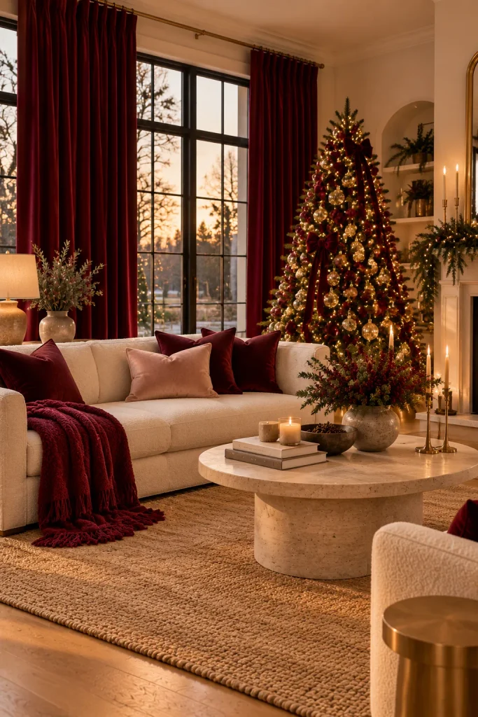 Burgundy Christmas decoration idea: a living room dressed in burgundy velvet