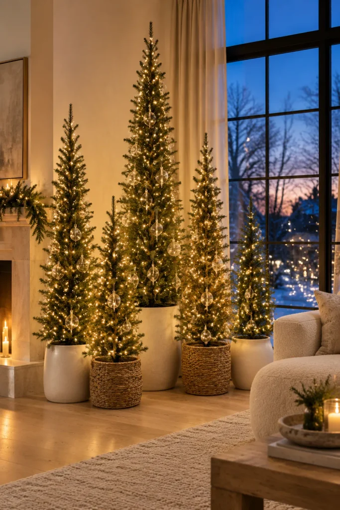 Classy Christmas decor idea: a mini forest of slim pencil trees