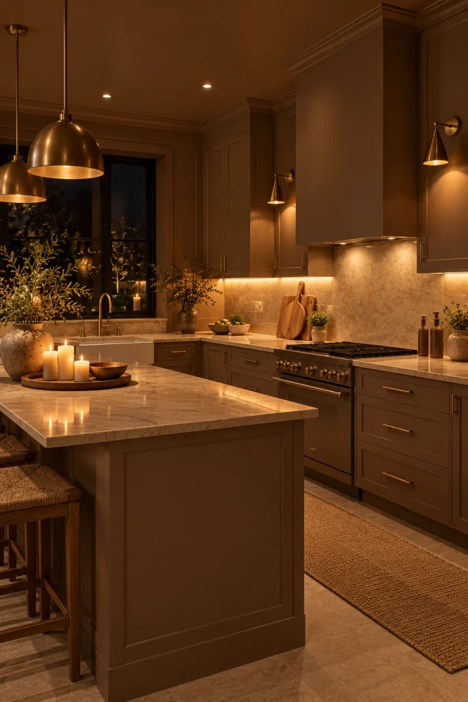 Warm neutral kitchen color idea: a mocha color drench