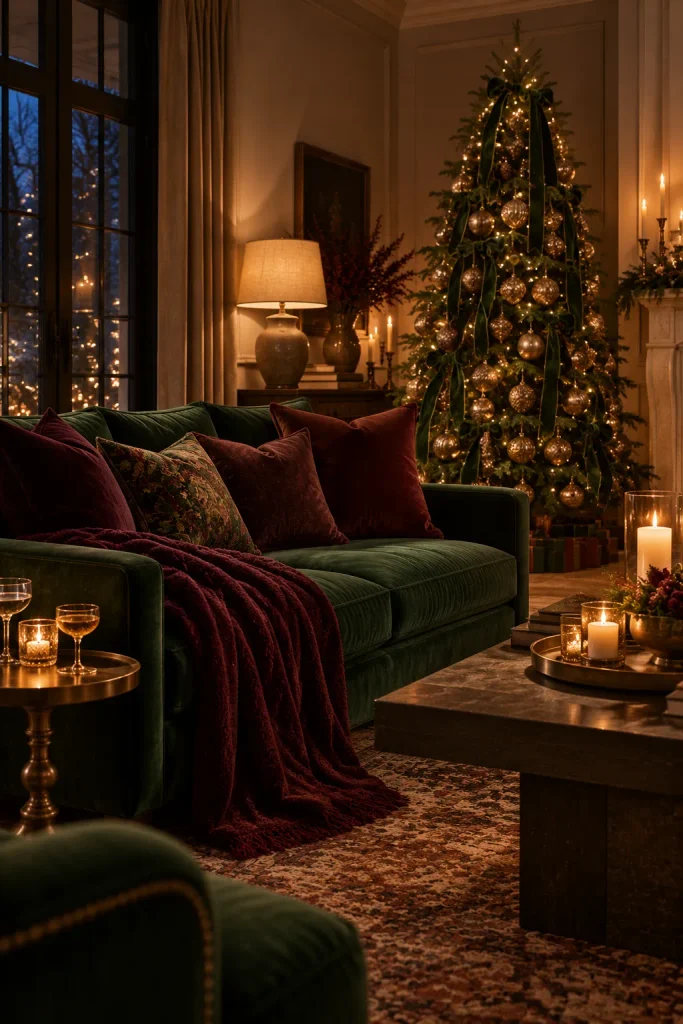 Classy Christmas decor idea: a moody emerald and burgundy living room