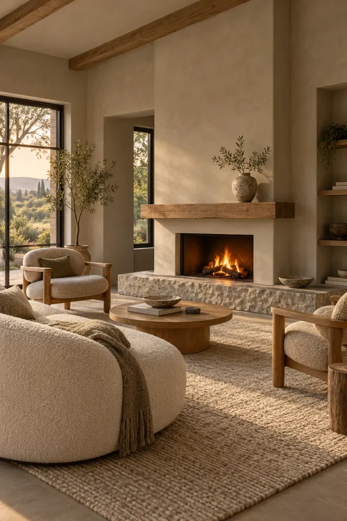 Earthy cottage home idea: a plaster fireplace living room