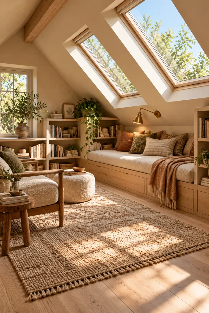 Earthy cottage home idea: a reading loft under the eaves