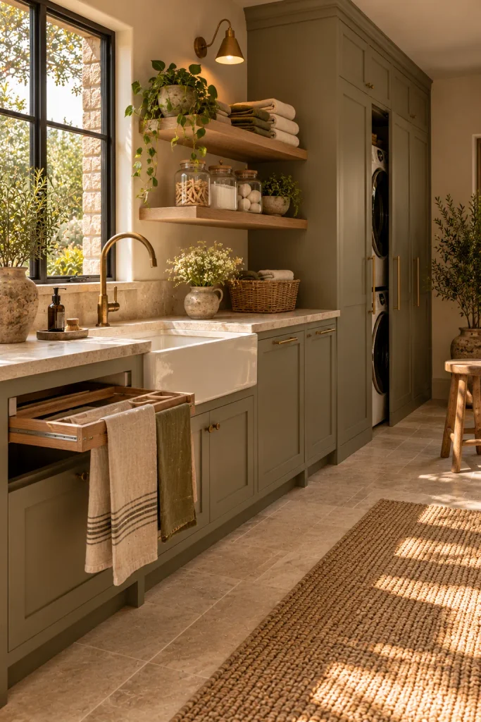 Earthy cottage home idea: a sage laundry room with hidden storage