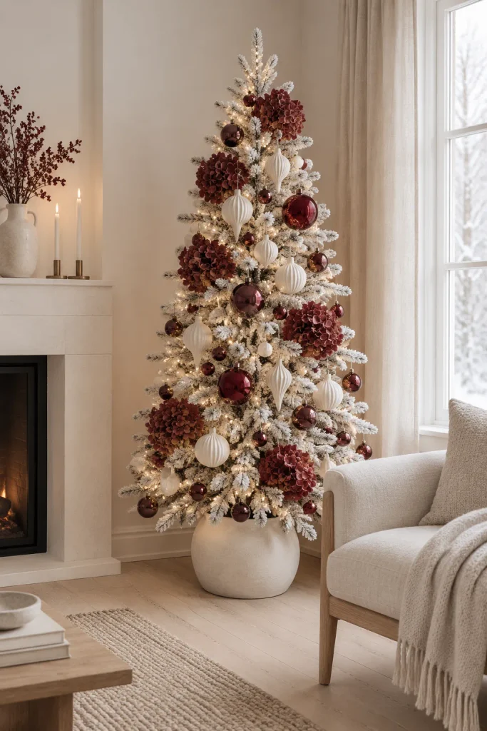 Burgundy Christmas decoration idea: a slim flocked tree in burgundy and white