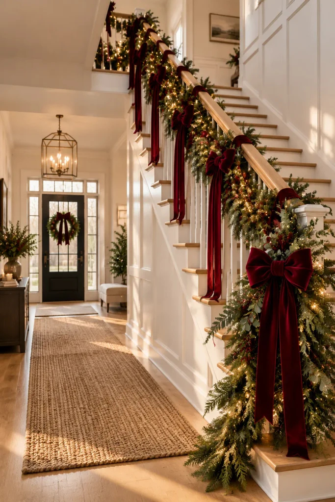 Burgundy Christmas decoration idea: a staircase garland with long ribbon streamers