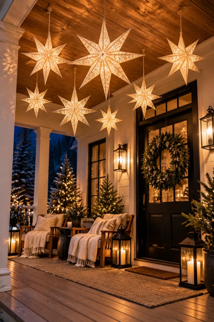 Outdoor Christmas decoration idea: a starry porch ceiling