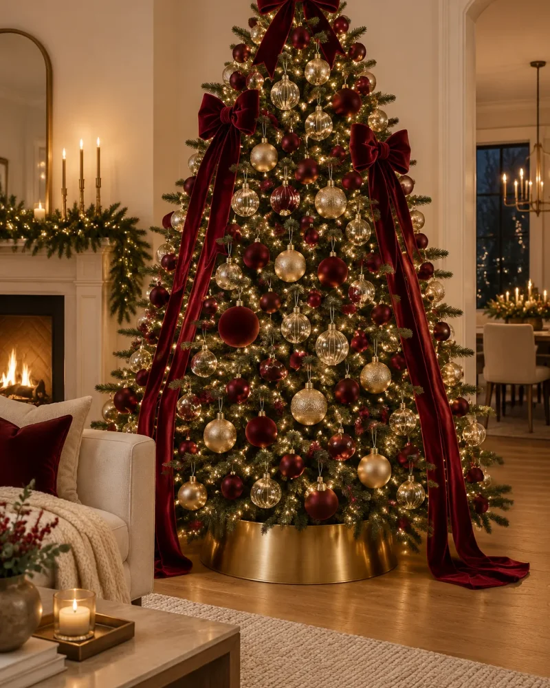 Burgundy Christmas decoration idea: a statement tree with cascading velvet ribbon