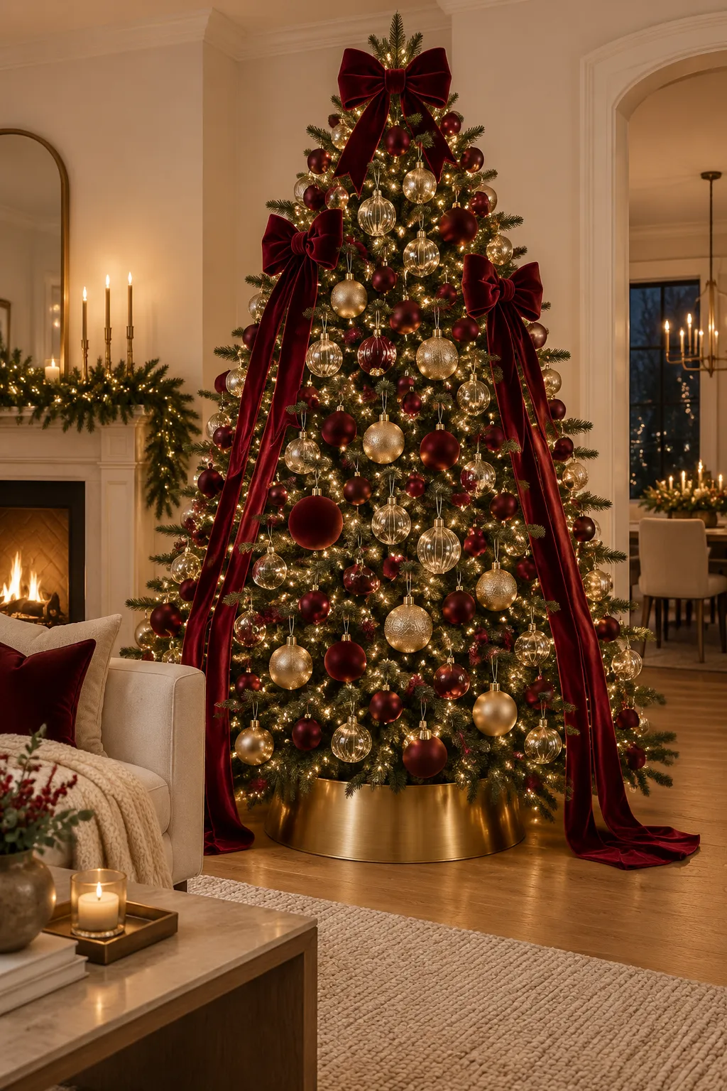 Burgundy Christmas decoration idea: a statement tree with cascading velvet ribbon