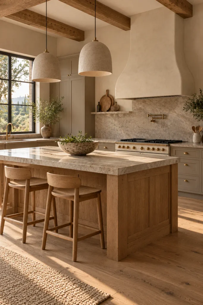 Earthy cottage home idea: a taupe kitchen with a plaster range hood