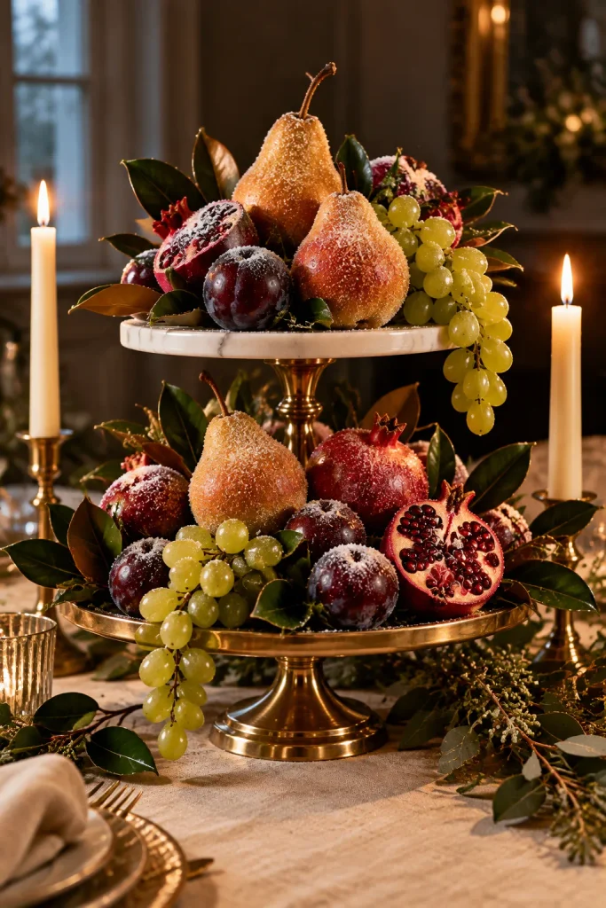 DIY Christmas centerpiece idea: a tiered tower of sugared fruit