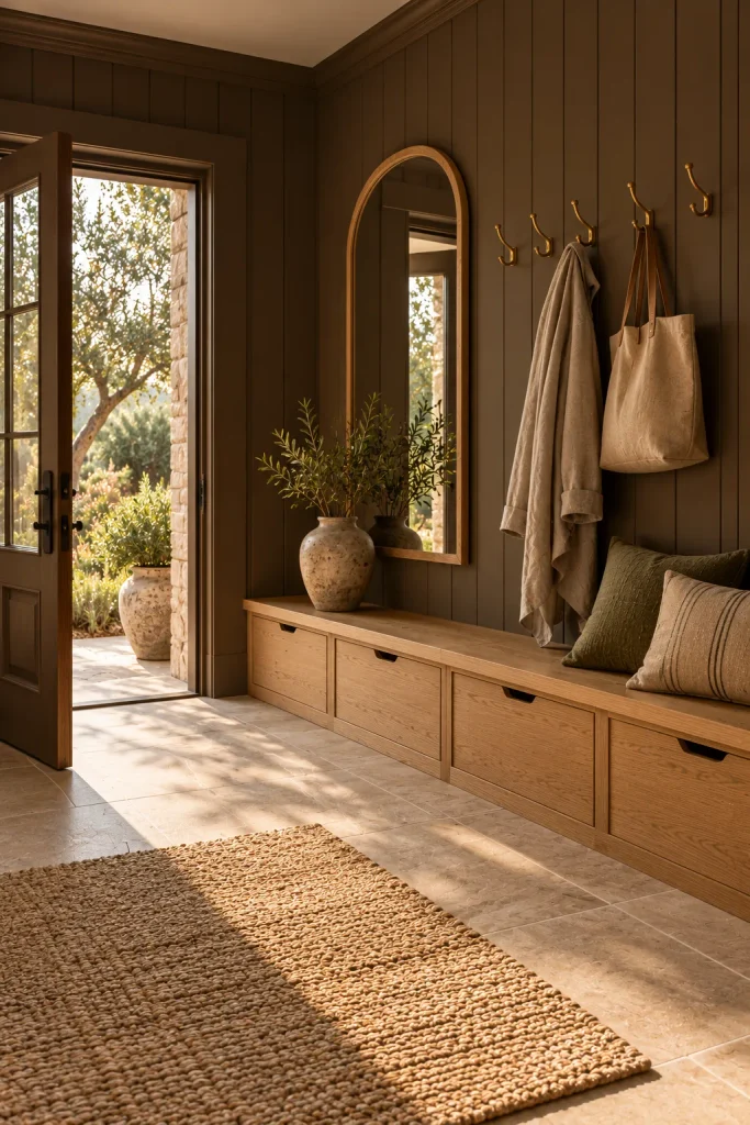 Earthy cottage home idea: a tobacco brown mudroom